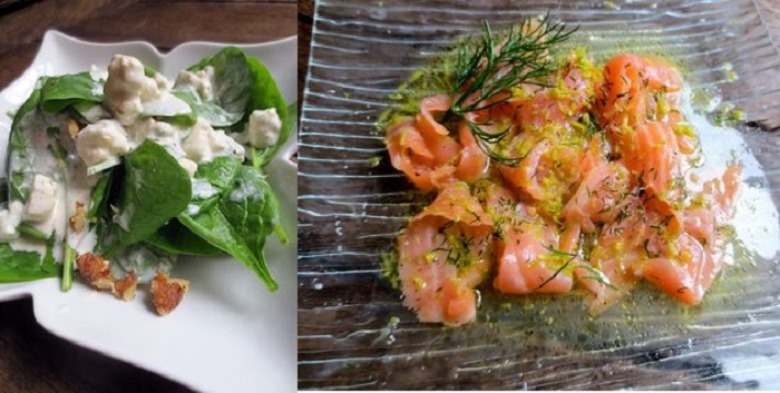 Spinatsalat med blä ost, Rämarineret lak - Salade d’épinards au bleu et saumon mariné au citron vert
