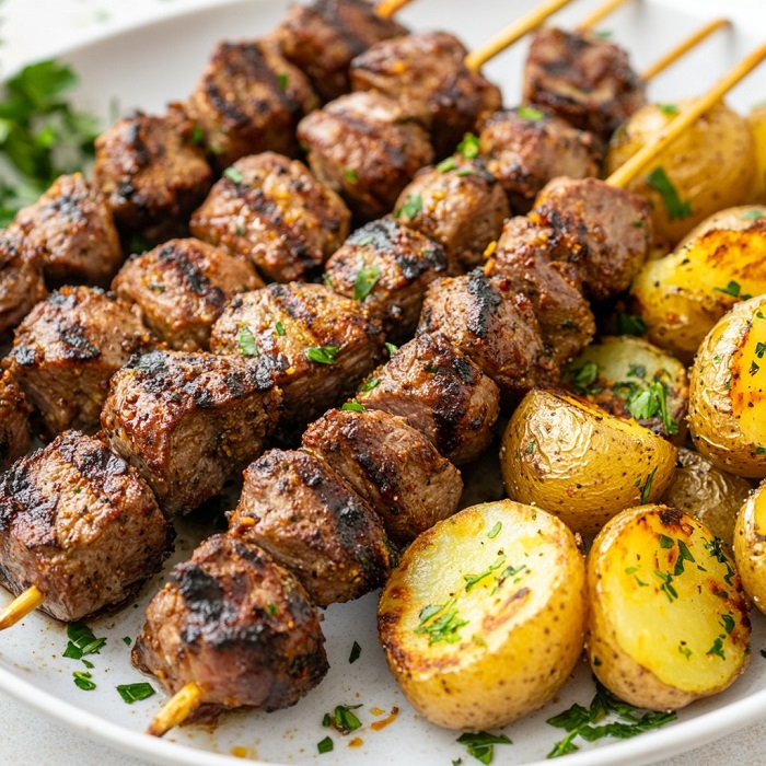 Brochettes d’agneau grillées aux herbes et épices avec pommes de terre rôties croustillantes