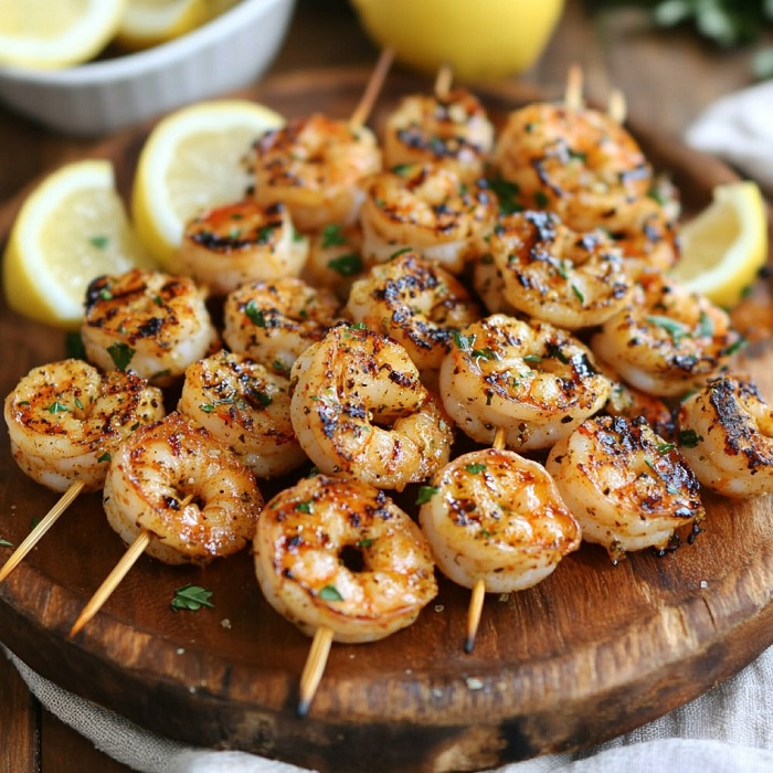 Brochettes de crevettes grillées à la méditerranéenne dorées, parfumées, garnies de persil frais et citron