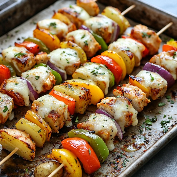 Brochettes de pommes de terre croustillantes avec poulet grillé, légumes et fromage