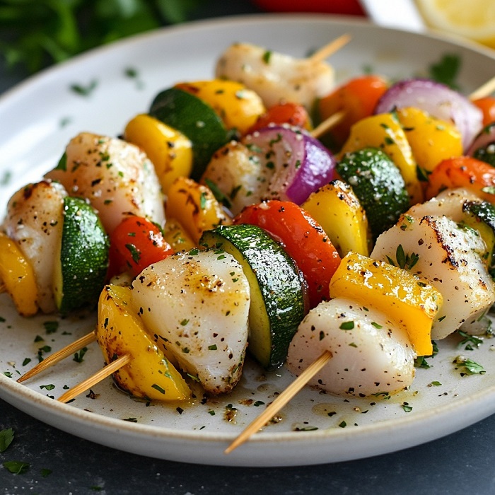 Brochettes de poisson et de légumes