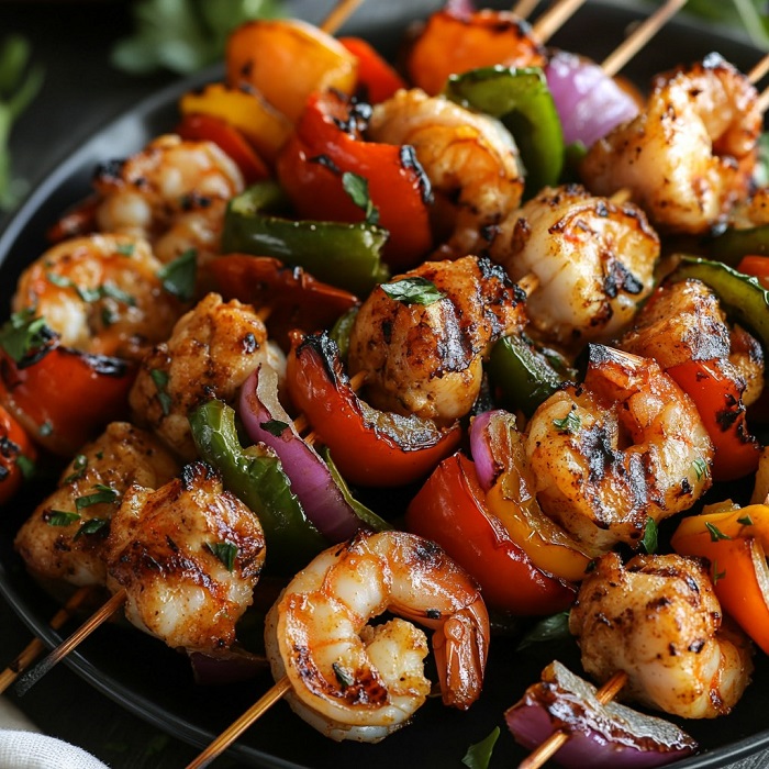 Brochettes de poulet et crevettes épicées, poivrons et oignons