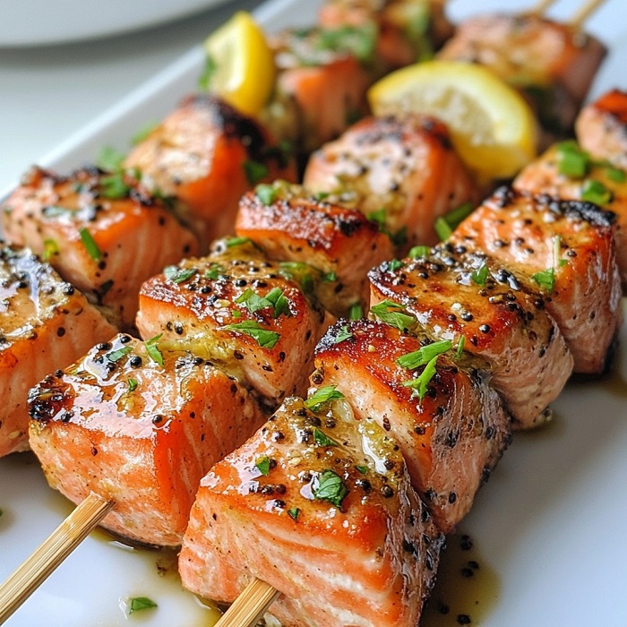 Brochettes de saumon au miel et à la moutarde