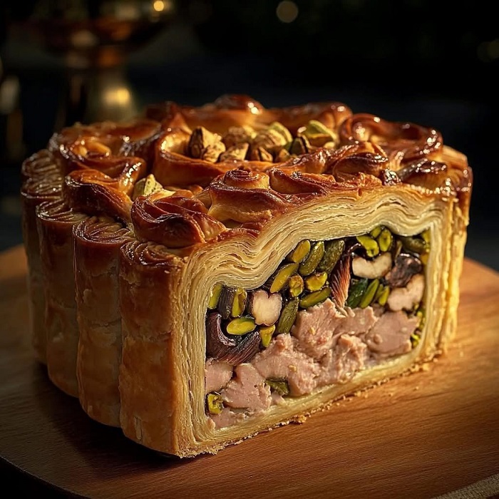 Pâté en croûte au canard, pistaches & champignons