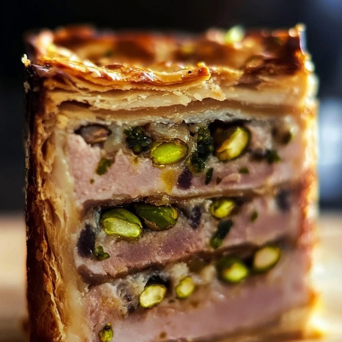 Pâté en croûte au canard, pistaches et foie gras