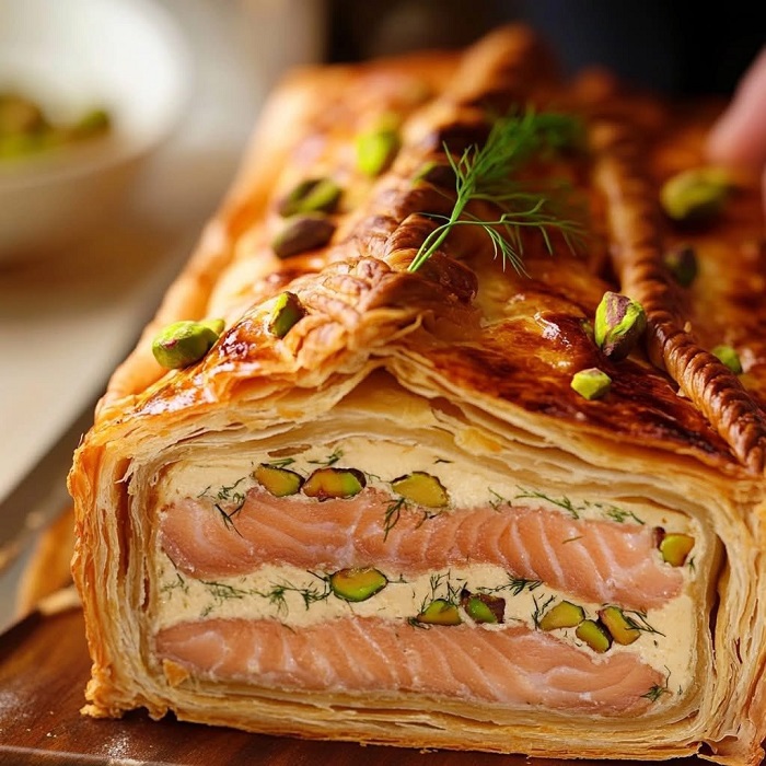 Pâté en croûte au saumon, ricotta et pistaches