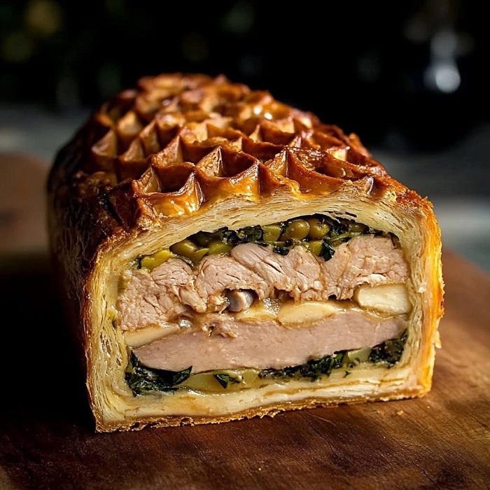 Pâté en croûte au veau, foie gras et légumes verts