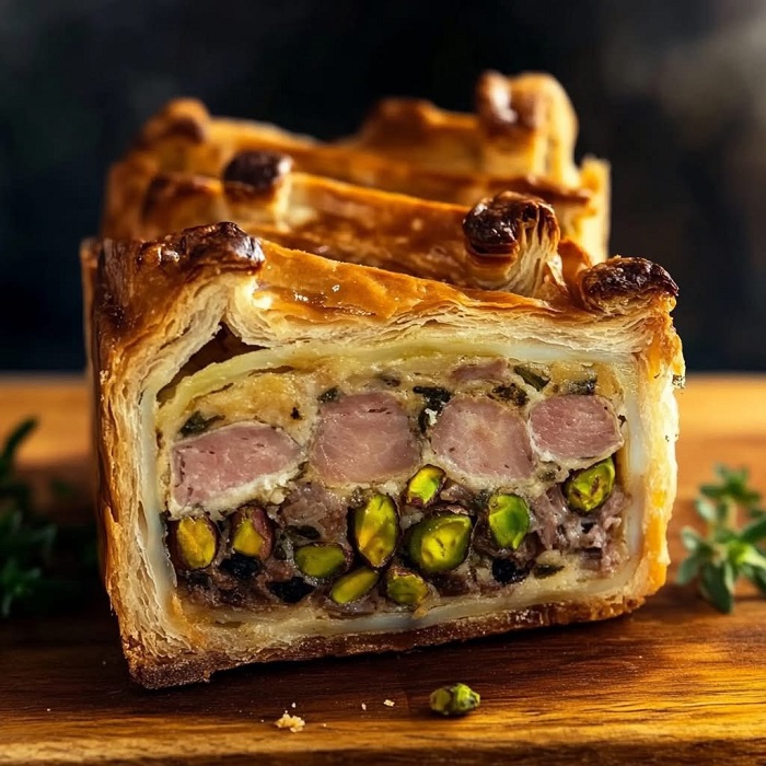 Pâté en croûte au lapin, pistaches & herbes fraîches
