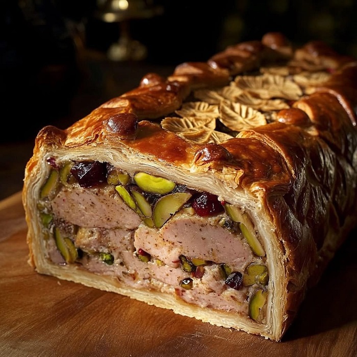 Pâté en croûte au poulet, pistaches et cranberries