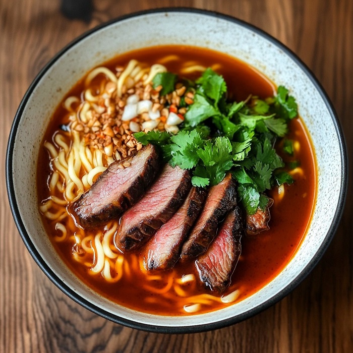 Ramen au bœuf mariné, coriandre fraîche et sauce épicée