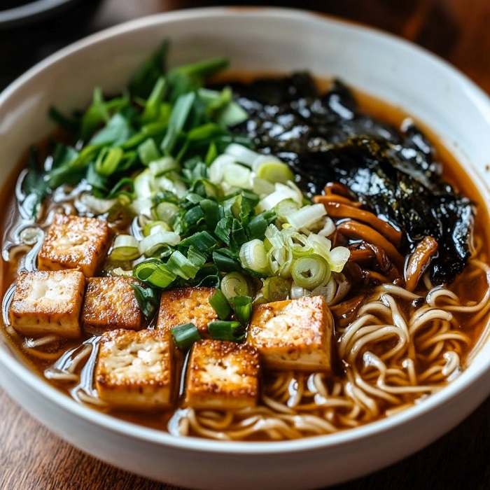 Ramen végétarien aux champignons shiitake et tofu croustillant