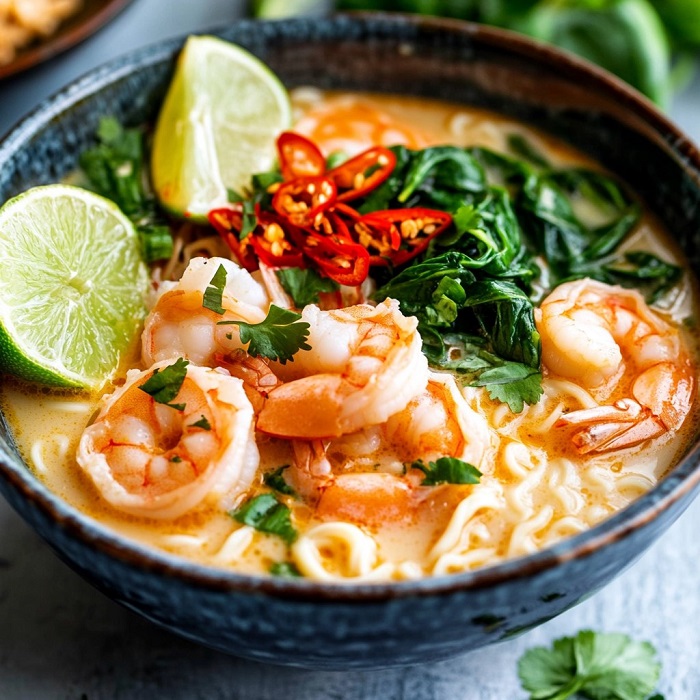 Ramen aux crevettes sautées, citronnelle et lait de coco