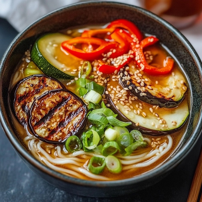 Ramen aux légumes grillés et bouillon miso caramélisé