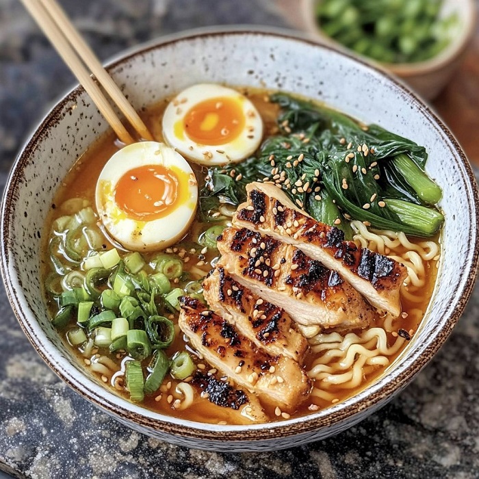 Ramen au poulet grillé, œuf mollet et pak choï