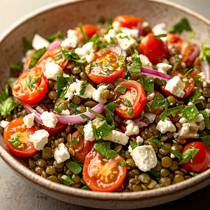 Salade de lentilles, tomates cerises & feta