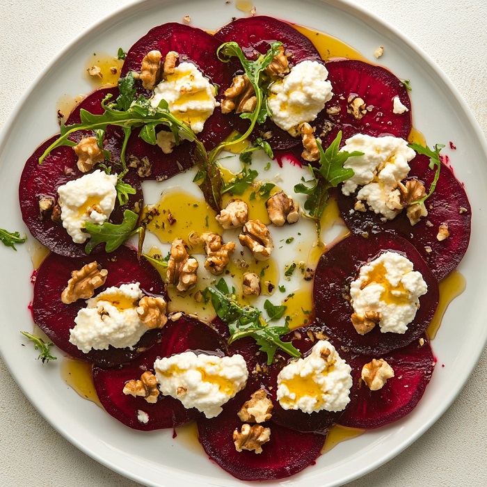Carpaccio de betterave, chèvre frais & noix