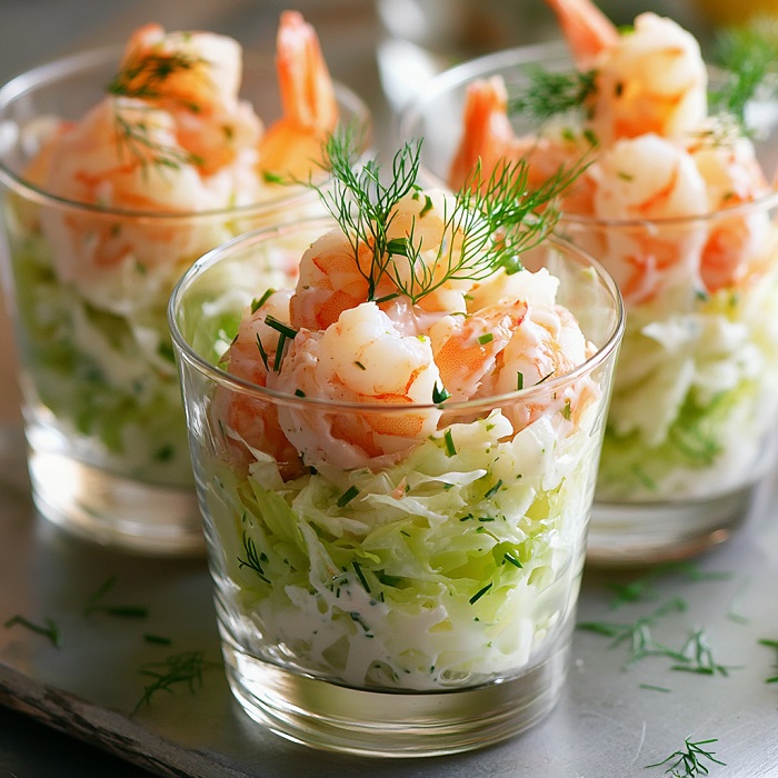 Verrines crevettes cocktail & iceberg croquant