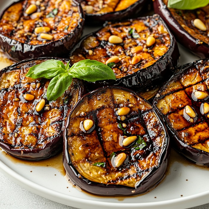 Aubergines grillées aux pignons & balsamique