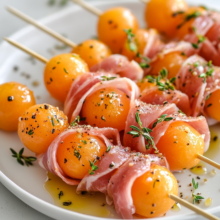 Brochettes melon-jambon cru au thym