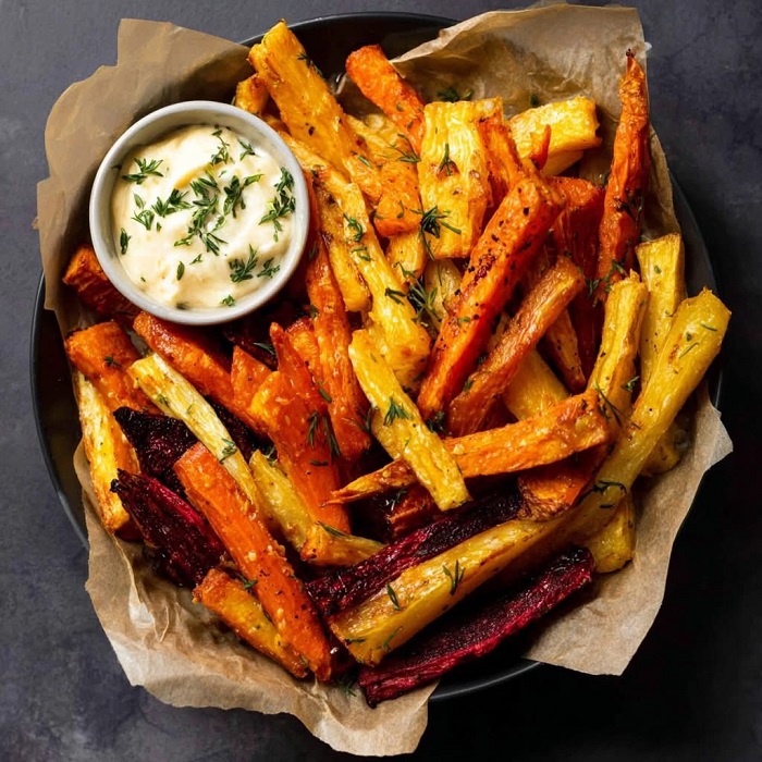 Frites de légumes racines rôties & sauce aux herbes