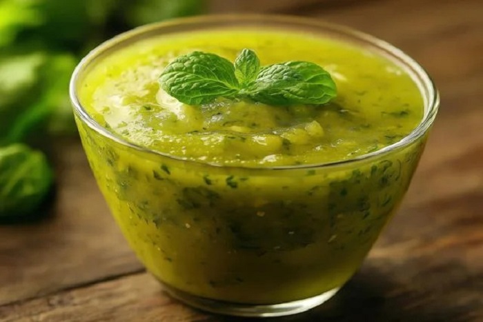 Gaspacho de tomates green zebra à la sauce tabasco vert, siphon de burrata et coulis de basilic épicé