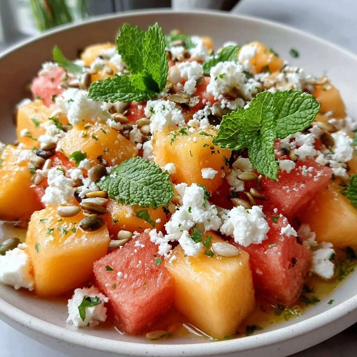 Salade de melon, pastèque, feta, menthe & graines croquantes