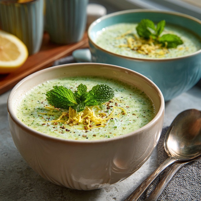 Soupe glacée courgette & menthe fraîche, zeste de citron