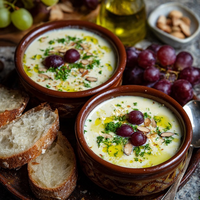 Ajo blanco andalou glacé, raisins et huile d’olive