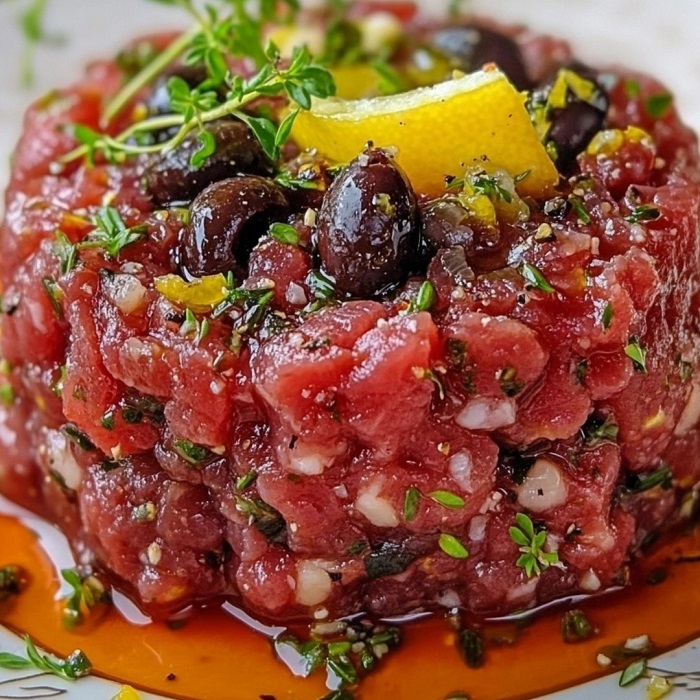 Tartare de bœuf aux olives noires & thym