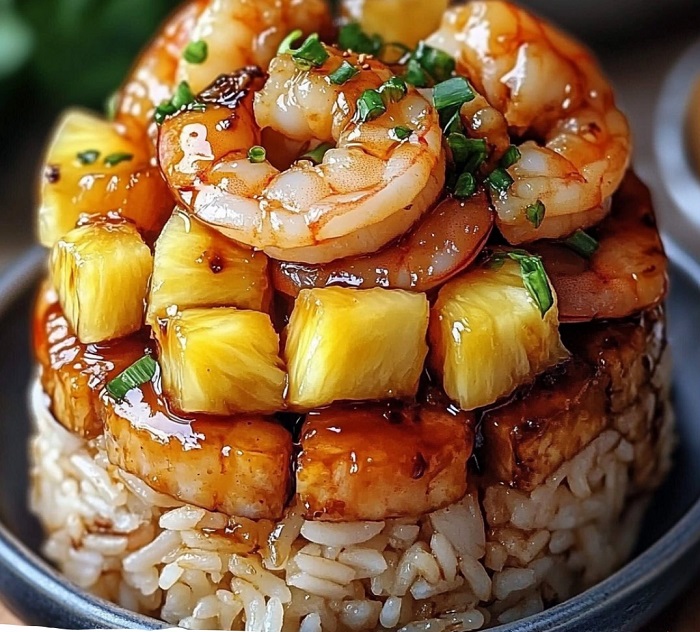 Teriyaki de Crevettes et sa Pile de Riz à l'Ananas