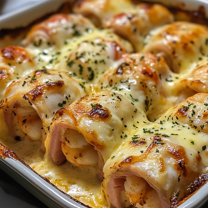 Roulés jambon-crevette gratinés