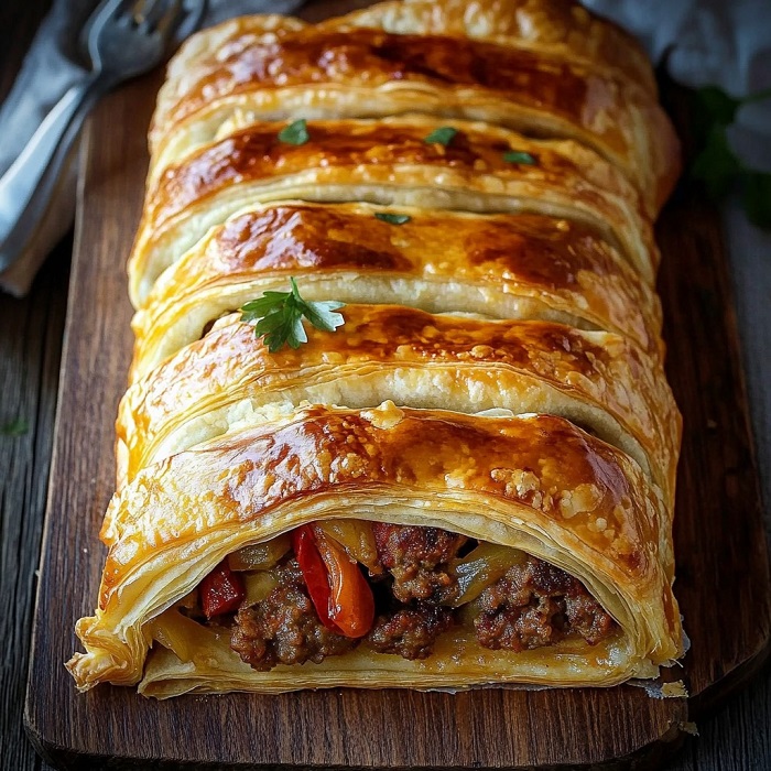 Feuilleté merguez & poivrons confits