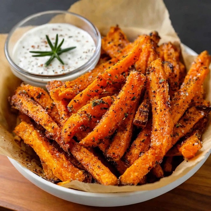 Frites de patate douce au four, sauce crémeuse aux herbes