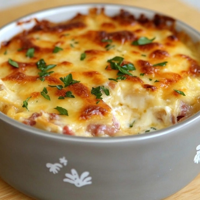 Gratin pommes de terre & jambon, croûte triple fromage