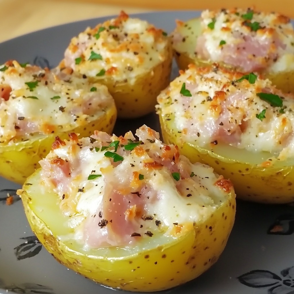 Pommes de terre farcies au jambon et fromage