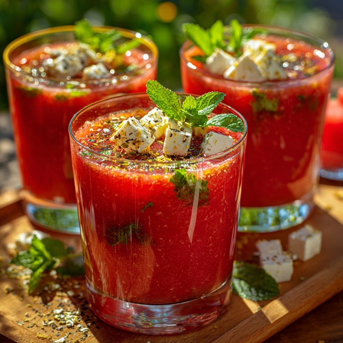 Soupe glacée pastèque & tomate, feta & menthe fraîche