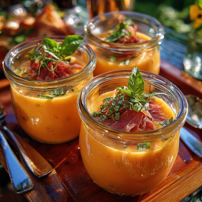 Soupe glacée de melon & basilic, chips de jambon cru