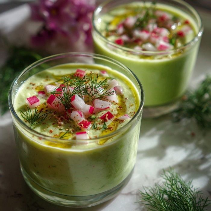 Soupe glacée concombre & avocat, radis croquant