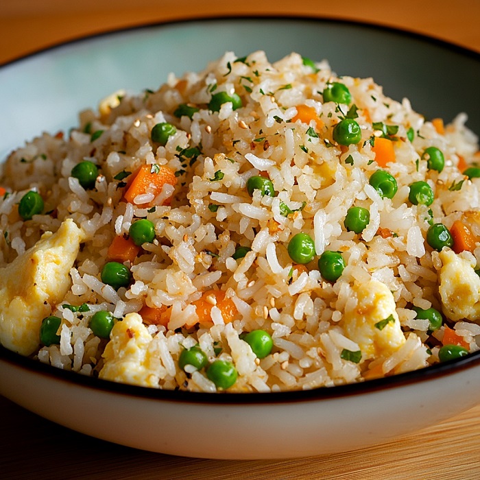 Riz basmati sauté aux œufs brouillés, petits pois et carottes