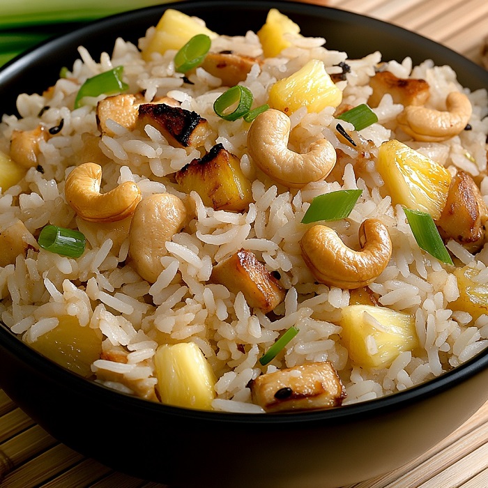 Riz sauté basmati à l’ananas, noix de cajou et tofu grillé