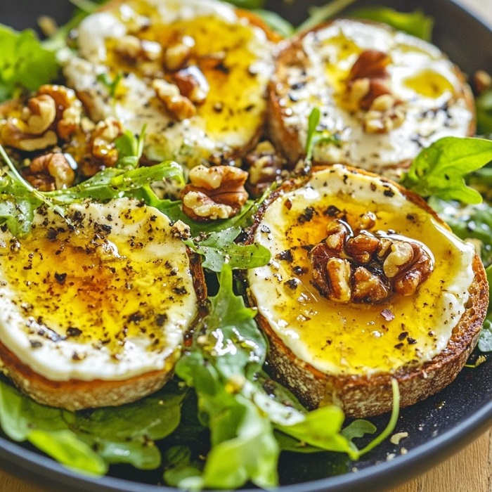Tartines fondantes au chèvre et salade verte