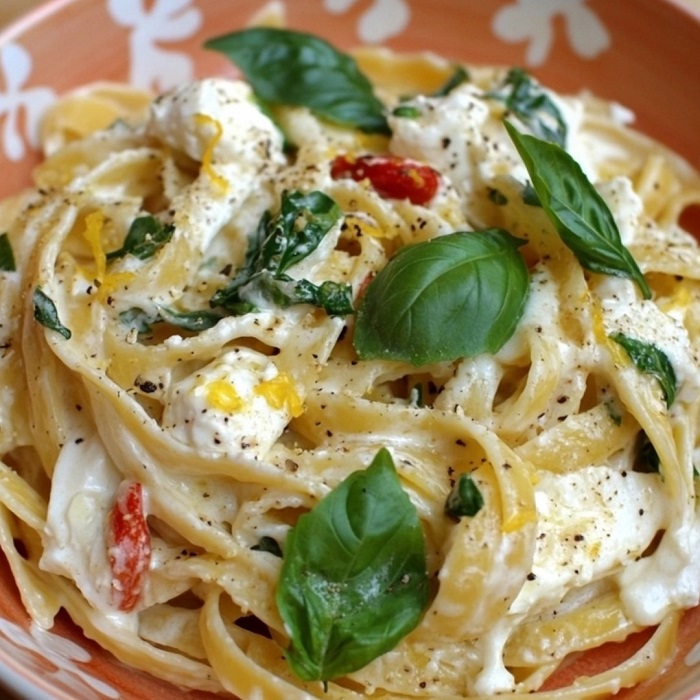 Linguine crémeuses au chèvre, tomates & basilic