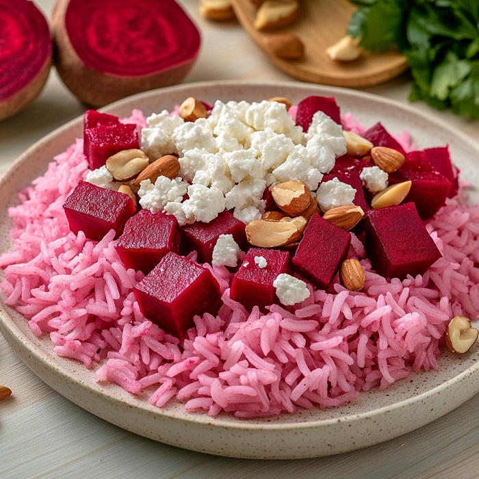 Riz basmati rose à la betterave, feta et fruits secs croquants