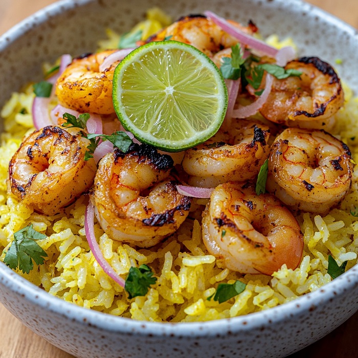 Riz basmati au curcuma et crevettes grillées, parfum citron vert