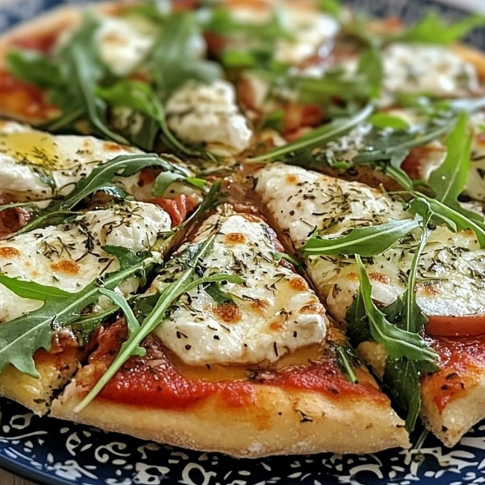 Pizza chèvre, tomates & roquette