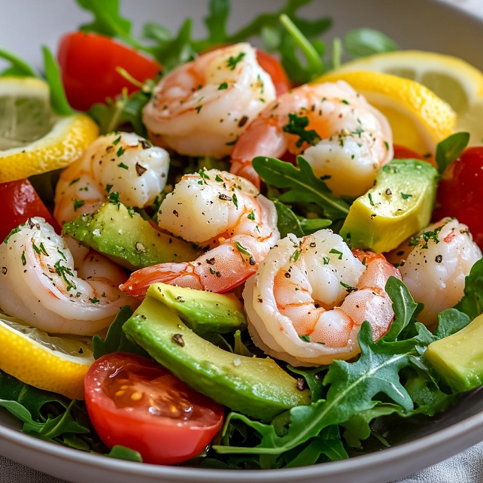 Salade fraîche de crevettes, avocat et roquette