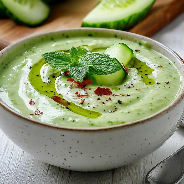 Soupe froide concombre, avocat et yaourt à la menthe