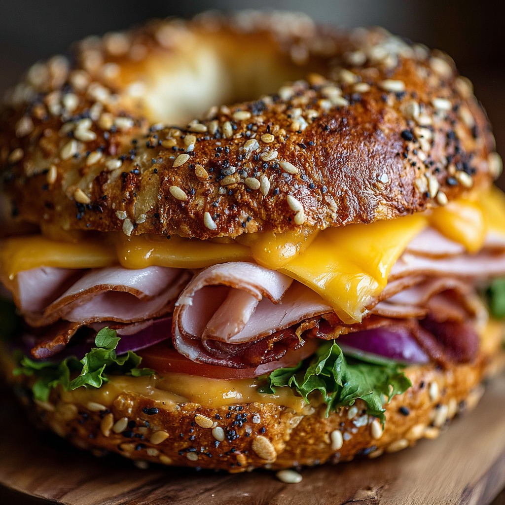 Bagel au Jambon, Cheddar Fondant & Crudités