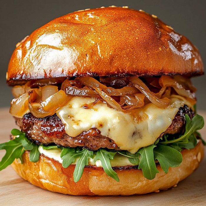 Burger gourmet au bœuf, camembert et oignons caramélisés