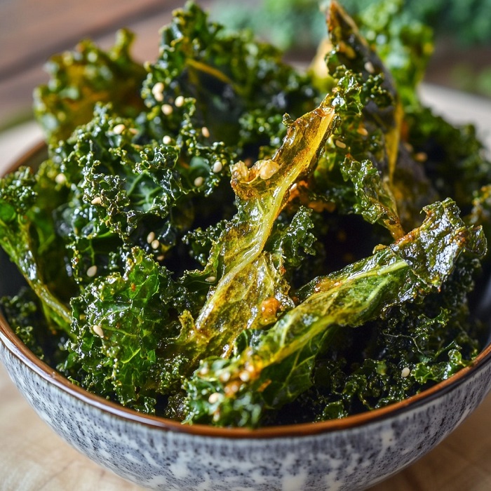 Chips de chou kale croustillantes à l’ail et au sésame